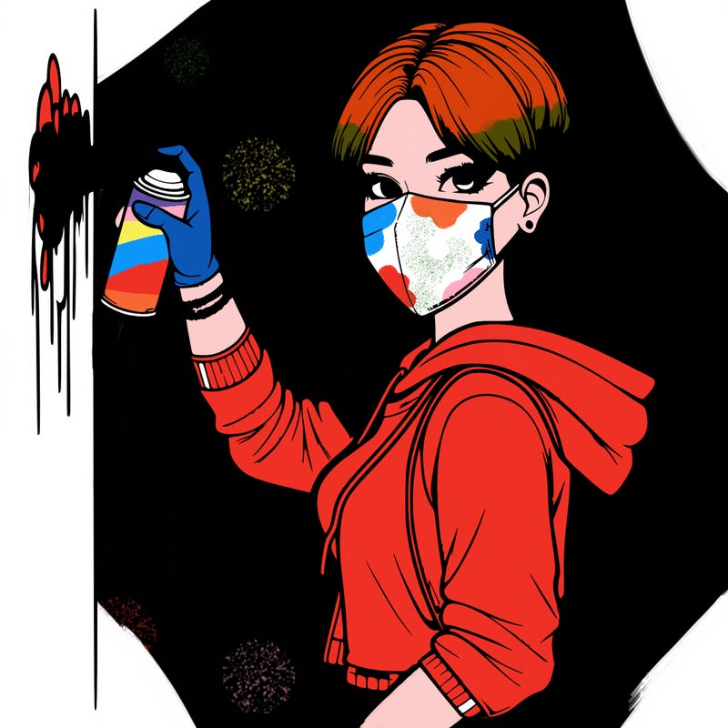 realistic girl with mask spray painting a wall