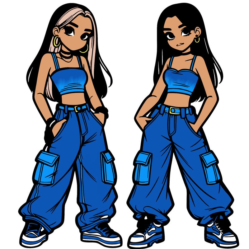 2 teen girls wearing baggy cargo jeans and crop tops