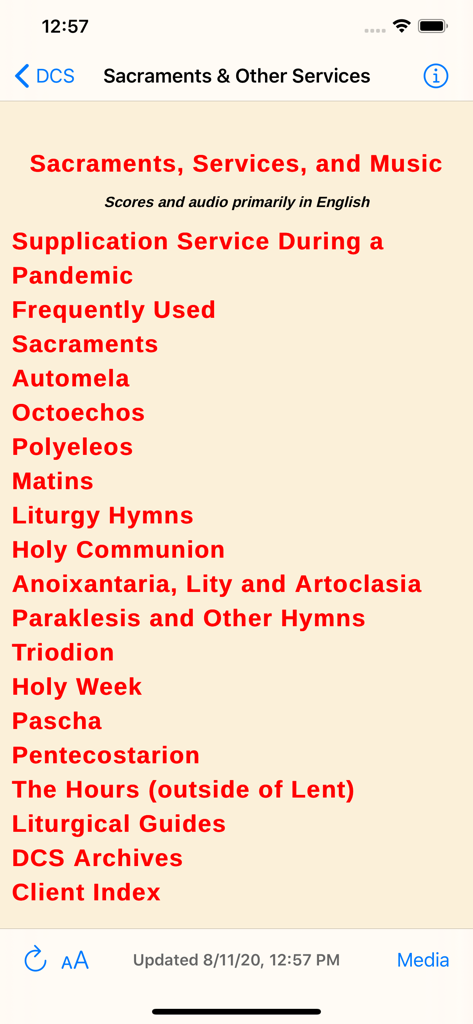 Digital Chant Stand - Digital Chant Stand app screen displaying a list of Orthodox liturgical services and music categories.