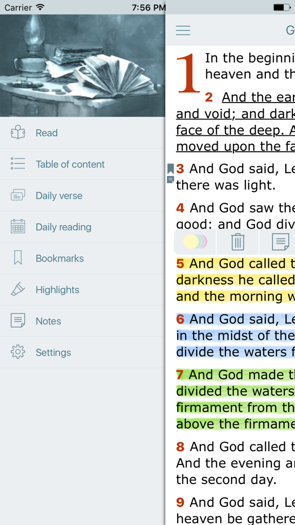Bible Offline with Red Letter - User interface of the Bible Offline app showing the side menu and highlighted scriptures.