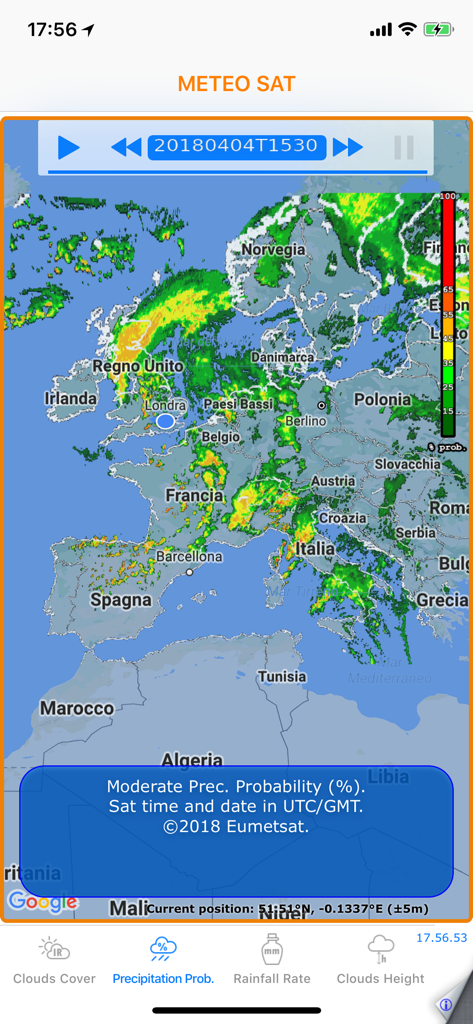 Meteo Sat - Meteo Sat app interface showing precipitation probability map of Europe