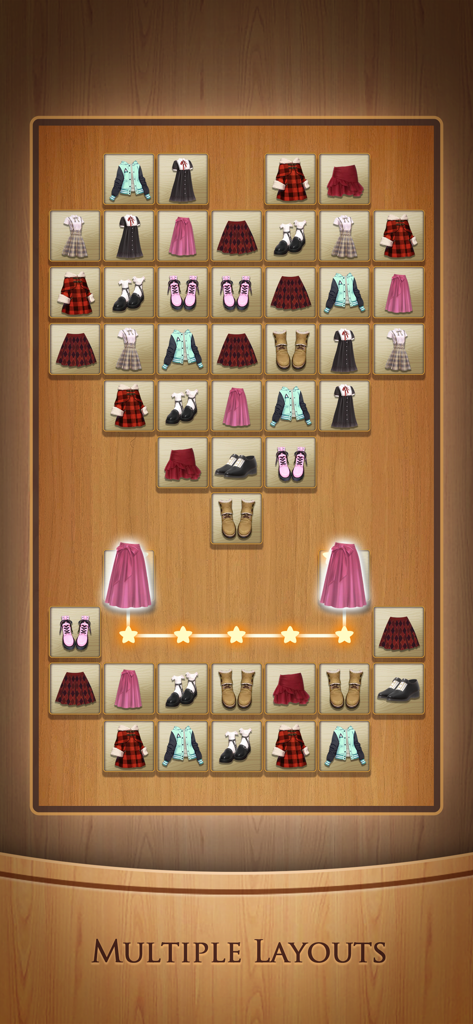 Tile Connect: Matching Games - 木製のボード上のさまざまな衣料品タイルのパズルボードと星の進捗バーが表示されたTile Connectのゲームプレイ画面
