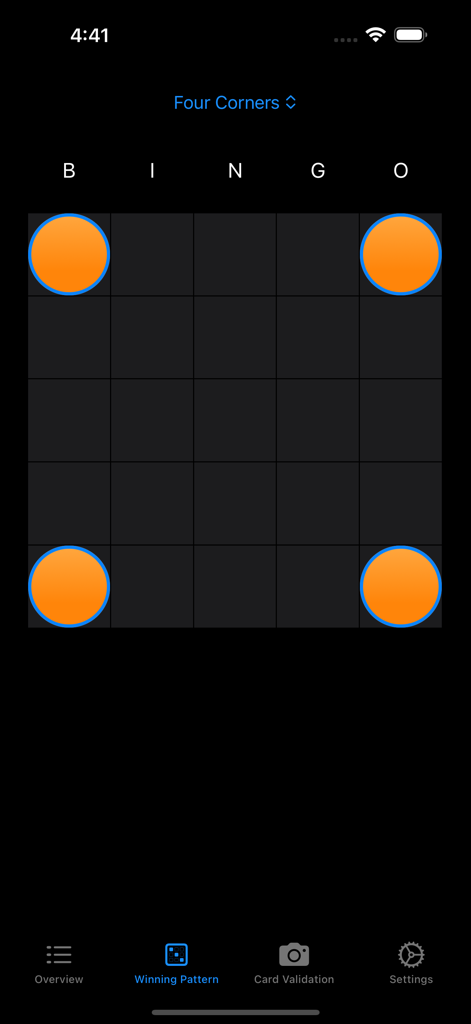 Call Me Bingo - Selecting the four corners winning pattern in the bingo caller app
