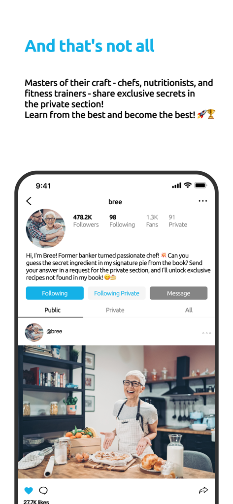 Your Fans - Your Fans app interface showing a chef profile with public and private feed sections
