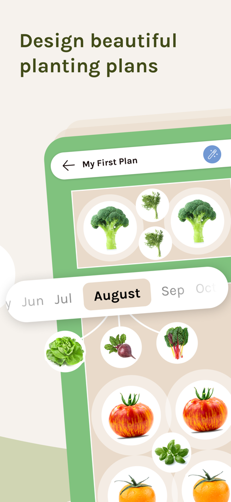 Garden Planner by Fryd - Frydガーデンプランナーアプリのモバイルインターフェースで、ブロッコリー、トマト、レタスの8月の野菜植え付けレイアウトを表示