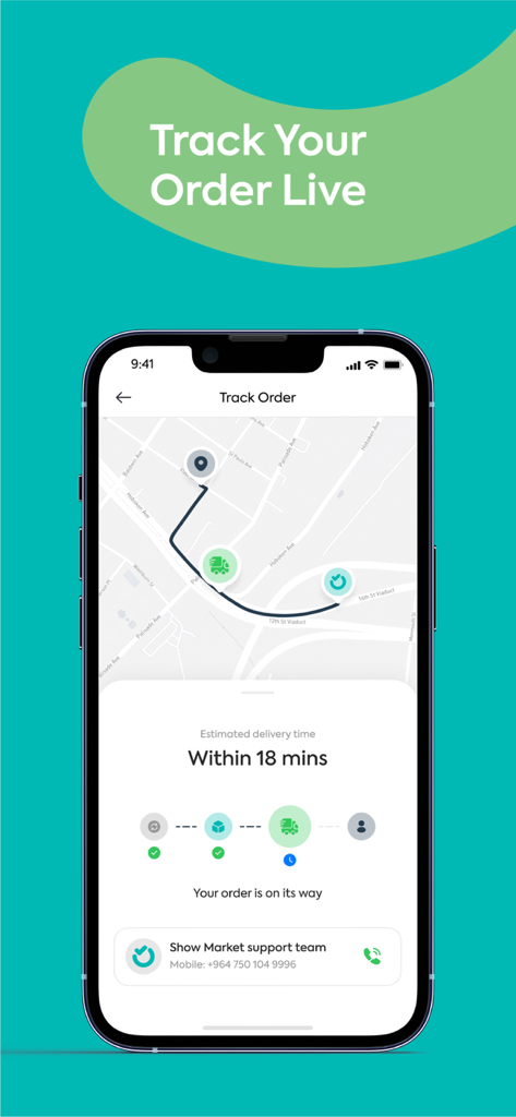 Show Market - Show Marketモバイルアプリのインターフェース。地図上でライブ注文追跡を表示し、配達予定時刻は18分。