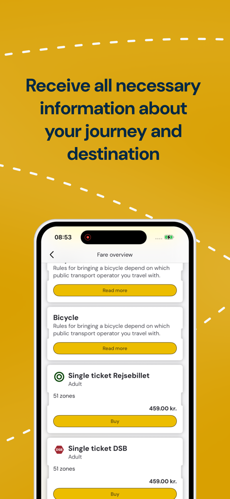 Fare overview screen of the Rejseplanen NextGen app showing transport ticket prices and bicycle rules
