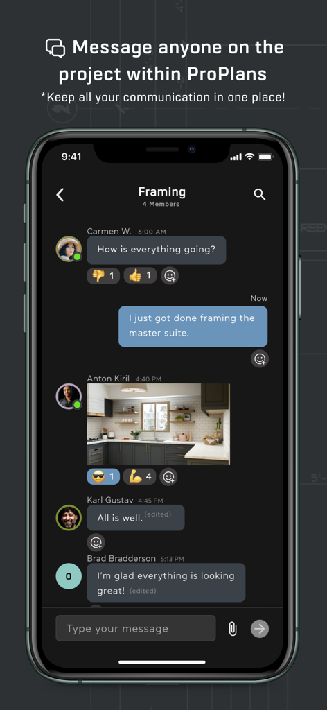Interface of the ProPlans construction app showing a project messaging group for framing with text updates and a photo
