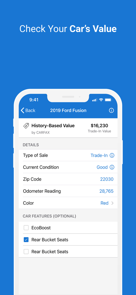 CARFAX Car Care - A mobile screen from CARFAX Car Care showing the estimated history-based trade-in value for a 2019 Ford Fusion.