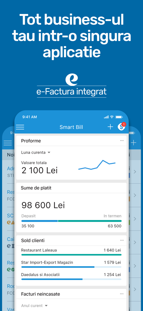 SmartBill - Pantalla de smartphone mostrando el panel de la aplicación SmartBill con gráficos financieros y datos de facturación
