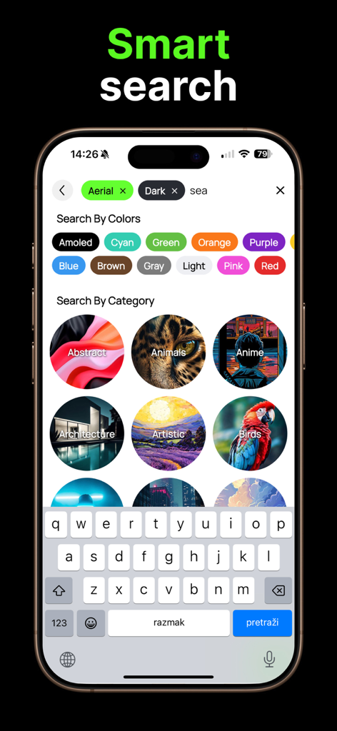 Wallpapers HD & 4K - Thematica - Pantalla de búsqueda inteligente de la aplicación Thematica que muestra filtros de color y categorías de fondos de pantalla como Anime y Abstracto.