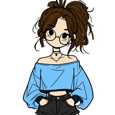 girl with a messy ponytail glasses a baggy crop top and jean shorts