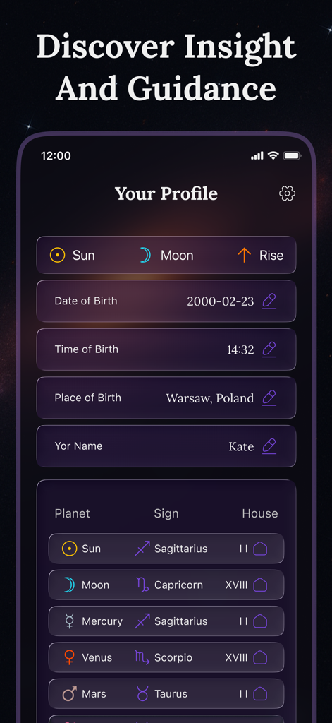 Soulmate Drawing – Astrala - Astrala app screen showing a user profile with birth data and detailed astrological planet positions for Sun Moon and Mercury