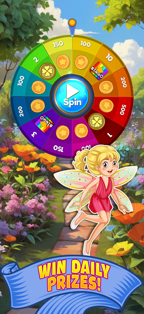 Bingo game Quest Summer Garden - A colorful daily prize wheel in a lush summer garden featuring a cute fairy character.