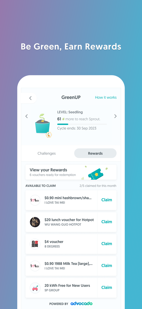 SP: Utilities & EV Charging - SP app GreenUP rewards screen showing sustainability levels and available vouchers for redemption