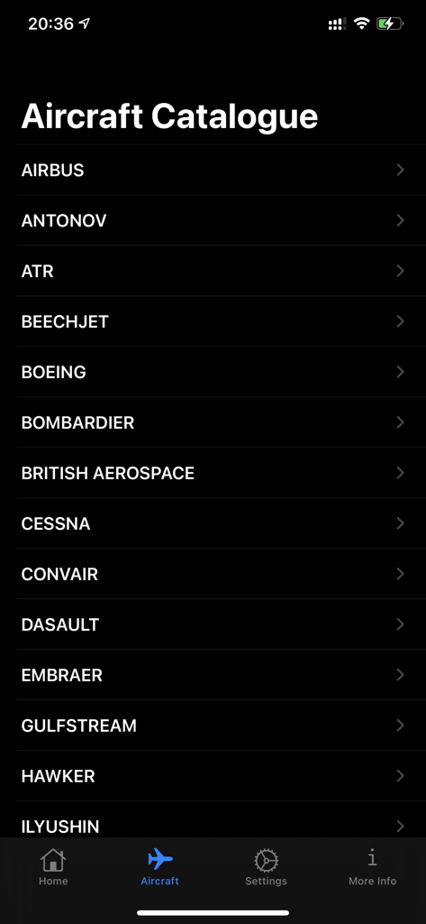 Aircraft catalogue screen showing a list of major manufacturers like Airbus Boeing and Cessna