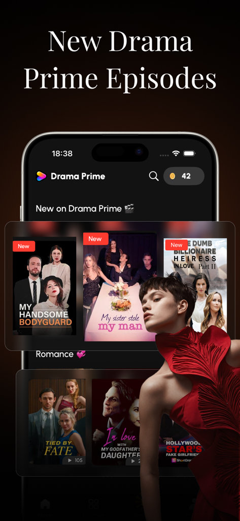 Drama Prime: Short Movies & TV - Interface do aplicativo móvel Drama Prime mostrando séries de drama romântico curtas em alta.
