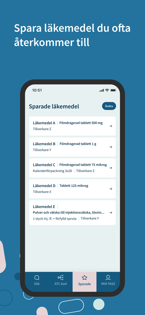 Fass Vård - A mobile screen from the Fass Vård app showing a list of saved medications with dosages and manufacturer details.