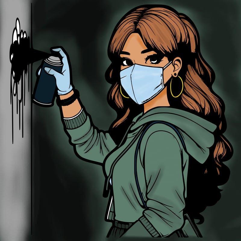 realistic girl with mask spray painting a wall