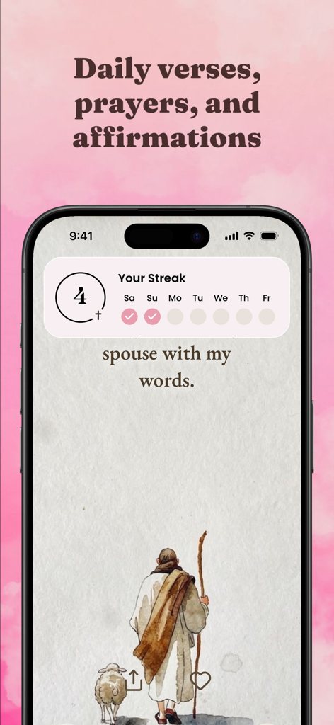 Divine: Bible Widget for Women - Divine app interface showing a daily streak widget with a shepherd illustration and religious text