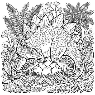 Journey back to the age of dinosaurs with this captivating Stegosaurus coloring page. Witness a tender moment of prehistoric family life as a protective Stegosaurus guards its nest of eggs and adorable hatchlings amidst lush foliage.