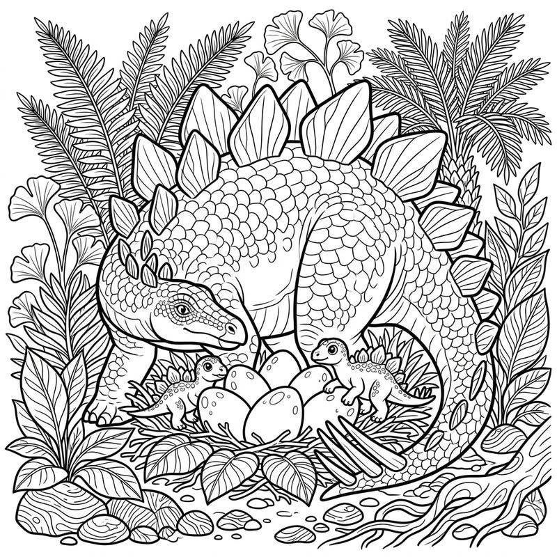 Journey back to the age of dinosaurs with this captivating Stegosaurus coloring page. Witness a tender moment of prehistoric family life as a protective Stegosaurus guards its nest of eggs and adorable hatchlings amidst lush foliage.