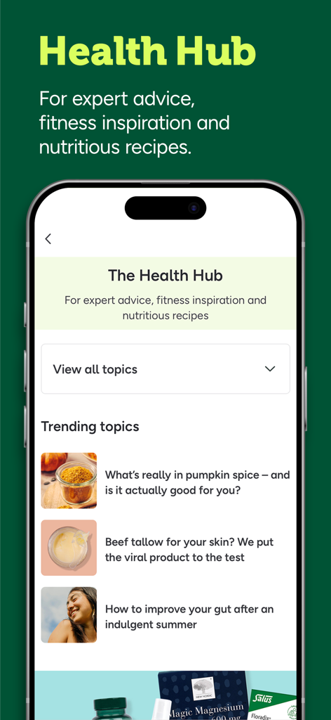 Der Bildschirm des Health Hub in der Holland and Barrett App mit angesagten Wellness-Artikeln und Expertenratschlägen zur Gesundheit.