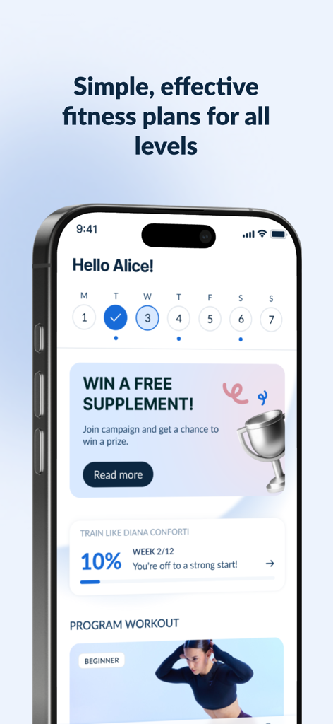 La aplicación Plan Over Mood mostrando planes de fitness personalizados y seguimiento del progreso