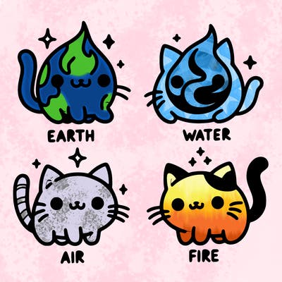 4 cats that represent the different elements, earth, water, air, and fire