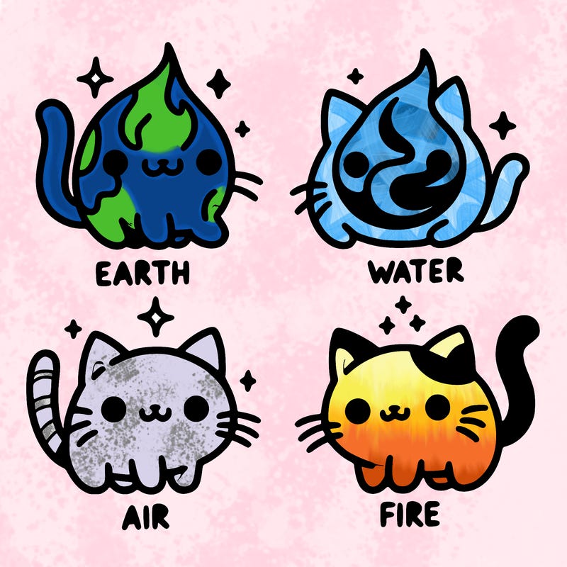 4 cats that represent the different elements, earth, water, air, and fire