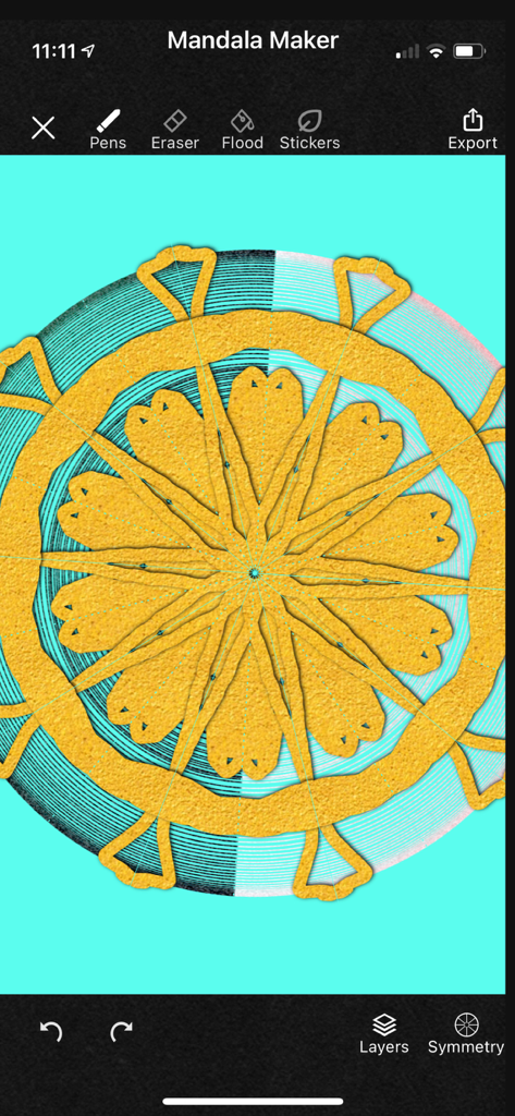 A gold symmetric mandala design being created on a teal background in the Mandala Maker app interface.