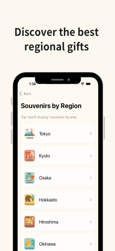 Una pantalla de teléfono inteligente que muestra la aplicación Travel Japan Buddy con una lista de categorías de souvenirs japoneses por región, incluidas Tokio, Kioto y Osaka