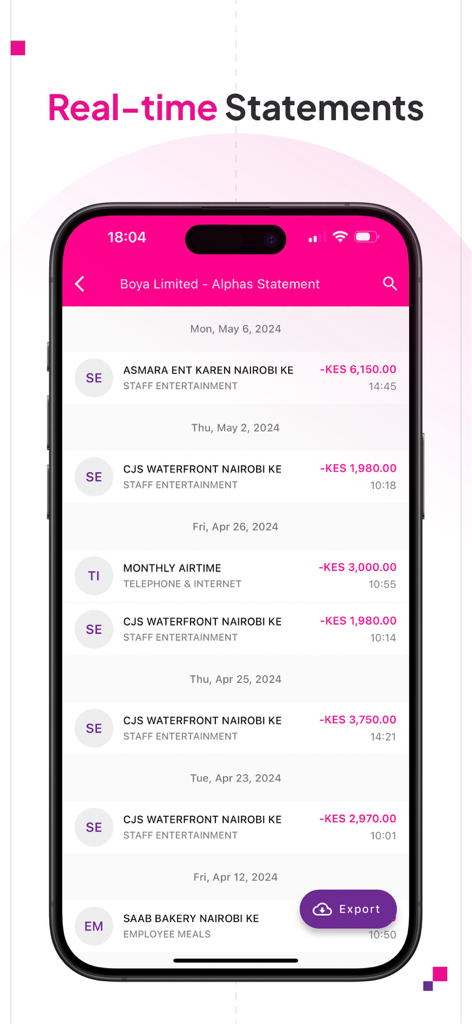 Boya - Interfaz de la aplicación Boya que muestra una lista de extractos empresariales en tiempo real y detalles de transacciones