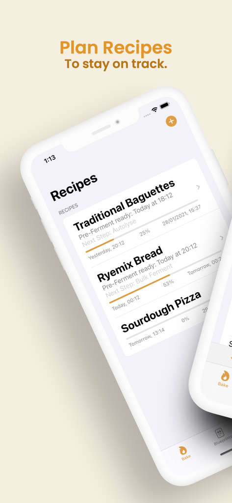 BreadMe - Sourdough planner - BreadMe mobile app interface showing a list of planned sourdough recipes including baguettes and pizza with progress tracking