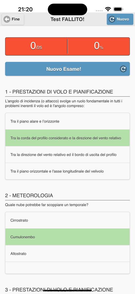 Quiz Droni A2 - Mobile screen showing drone pilot A2 certification exam results and technical questions on flight performance and meteorology