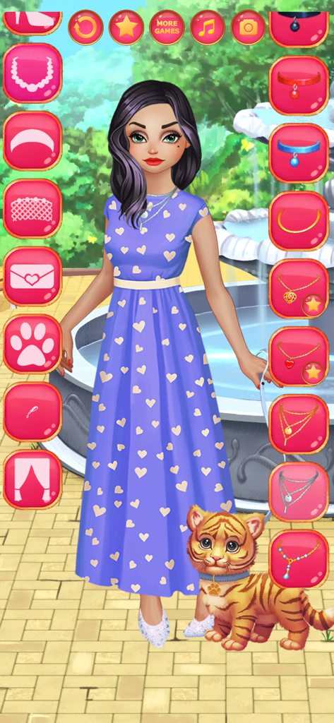 Una chica con un vestido estampado de corazones azules está con un cachorro de tigre mascota en una interfaz de juego de vestir de moda