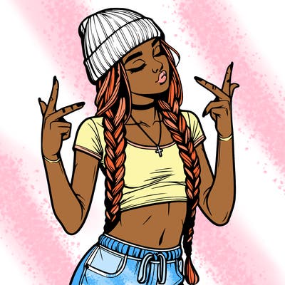 realistic teenage girl with braids and a beanie and crop top doing 🫶🏼