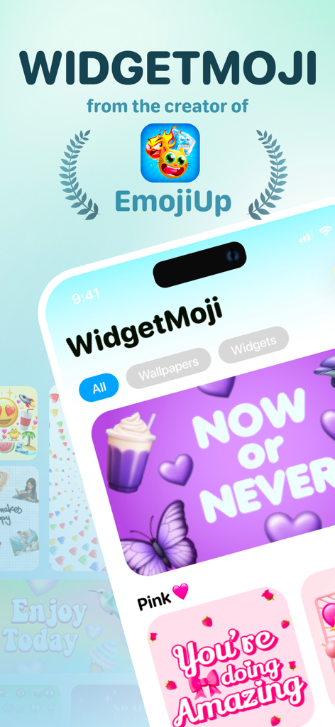 Widget & Wallpaper: Widgetmoji - 미학적인 이모지 위젯과 맞춤 배경화면을 특징으로 하는 Widgetmoji 앱 인터페이스