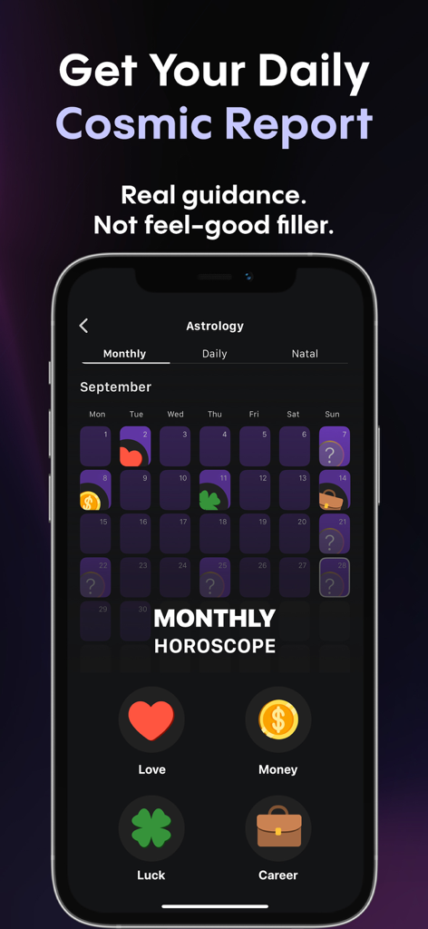 Faladdin: Tarot & Horoscopes - Faladdinアプリのインターフェースに、宇宙レポートのアイコンが付いた月間占星術ホロスコープカレンダーが表示されています