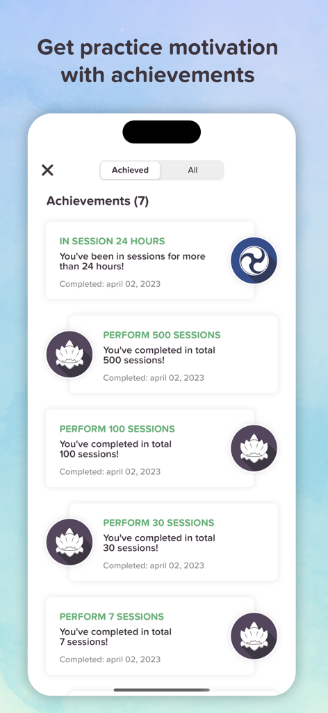 Timefully - Meditation Timer - A list of practice milestones and achievements in the Timefully meditation app