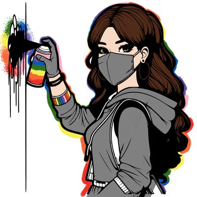 realistic girl with mask spray painting a wall