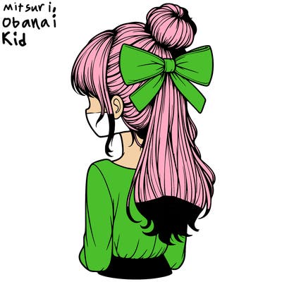 realistic girl  with hip length hair a bun and a big bow on the back of head