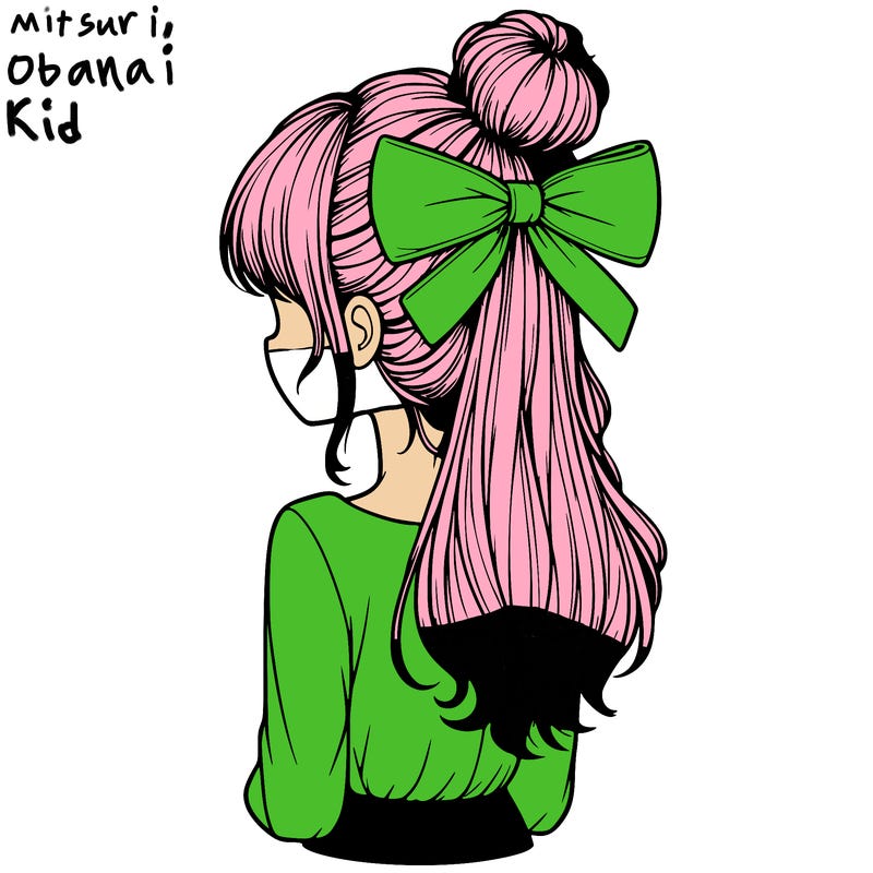 realistic girl  with hip length hair a bun and a big bow on the back of head