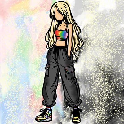 girl in baggy pants crop top and long hair