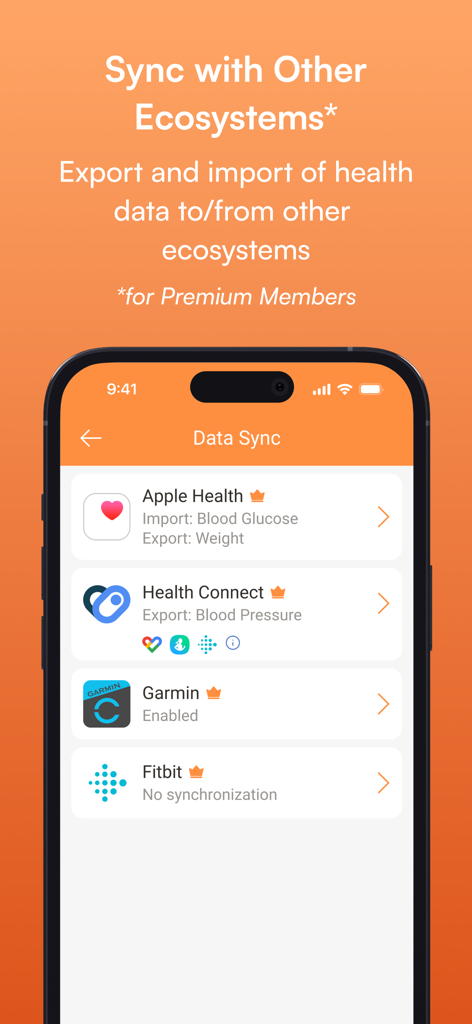 MedM app screen showing data synchronization options with Apple Health Garmin and Fitbit