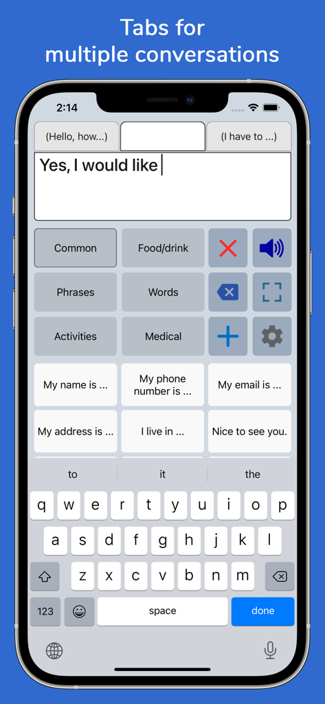 Interfaccia dell'app Speech Assistant AAC su iPhone che mostra più schede di conversazione e pulsanti per le frasi