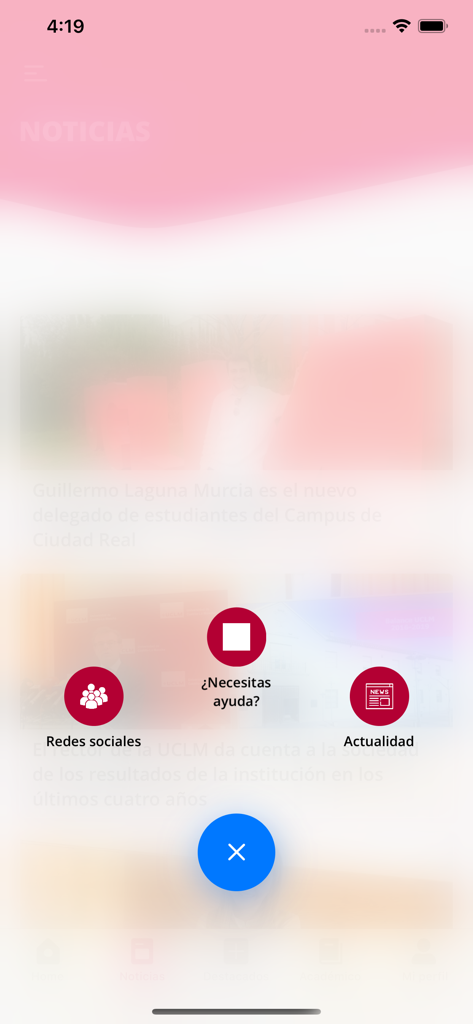 UCLM U. de Castilla-La Mancha - Interface of the UCLM university app showing quick access buttons for social media, help, and campus news