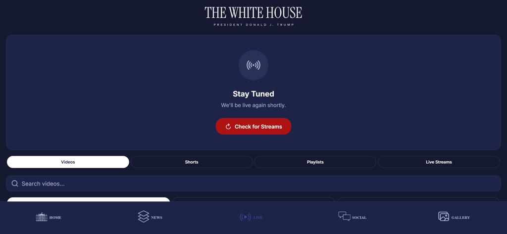 The White House - Interfaz de la biblioteca de videos y transmisiones en vivo en la aplicación móvil oficial La Casa Blanca para el Presidente Donald J. Trump.