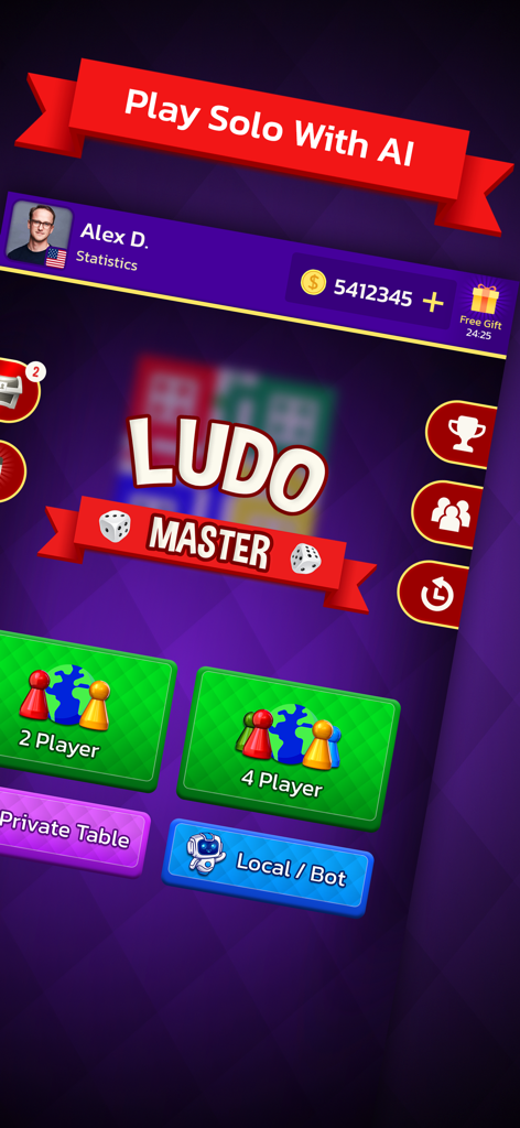 Ludo Master app main menu showing game modes like solo play with AI and local multiplayer