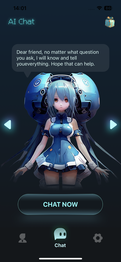 AI ChatBot GPTalk AI Generator - GPTalk AI Chat interface featuring a futuristic anime assistant and a Chat Now button